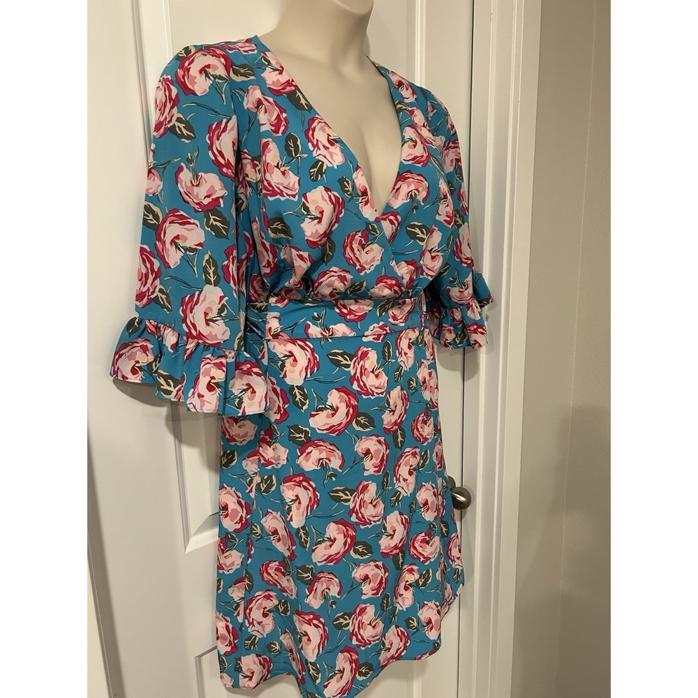 Betsey Johnson Blue Dress~16W~ Pink Roses Deep V Knee Length Waist Ties Whimsy